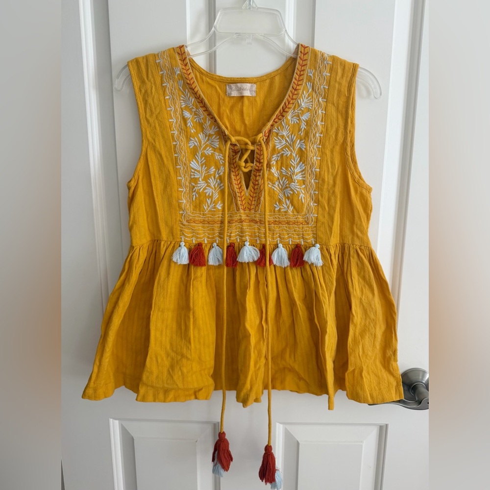 Altar'd State Mustard Yellow Embroidered Tassel Top Size Small